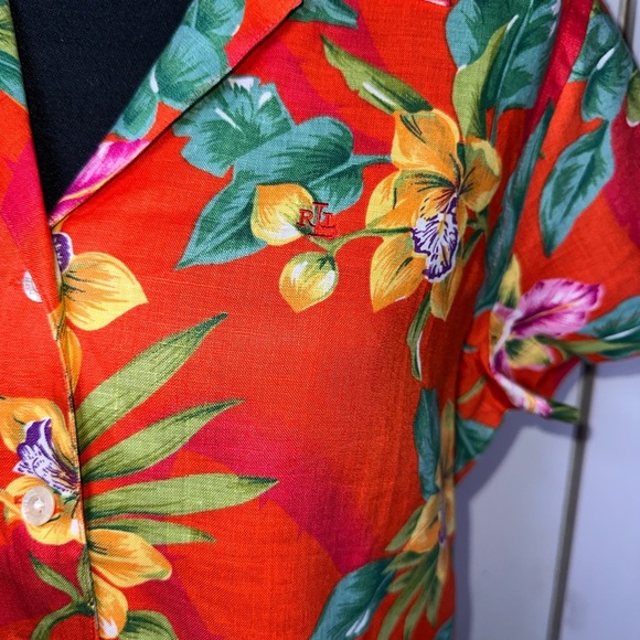 VINTAGE 100% Linen Lauren Ralph Lauren Vibrant Floral Button-Up Shirt - Picture 5 of 7